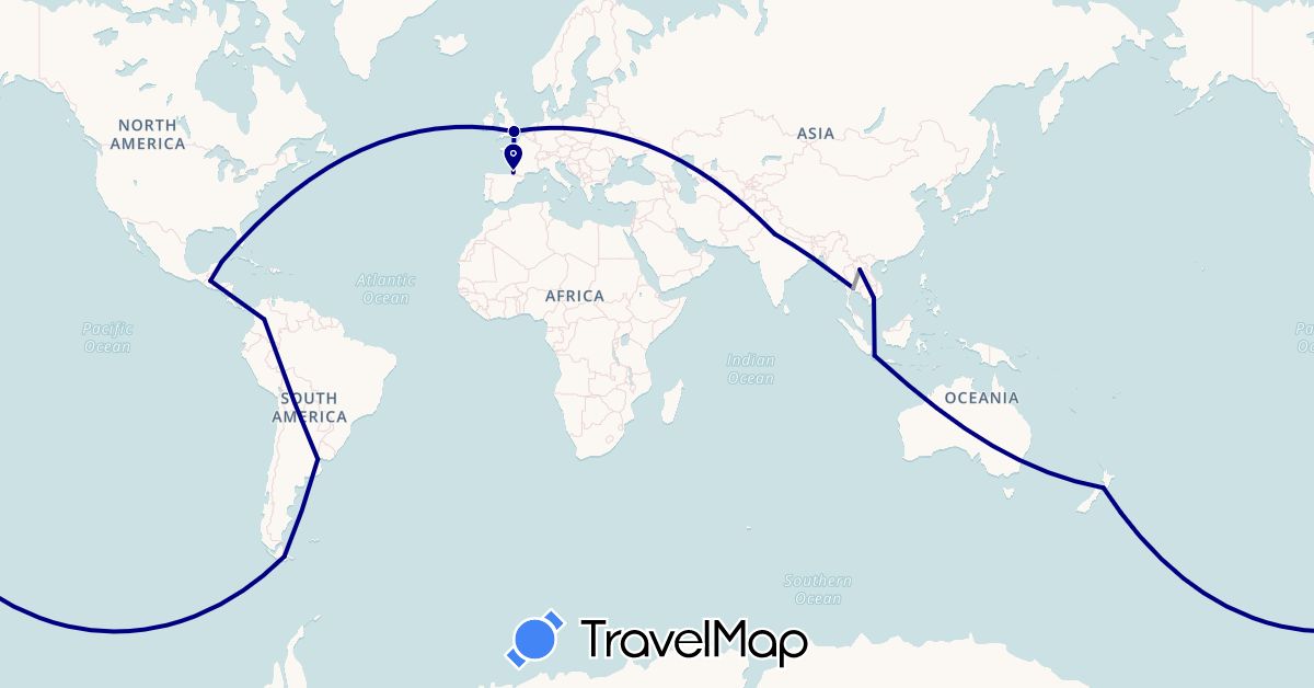 TravelMap itinerary: driving, plane in Argentina, Colombia, France, United Kingdom, Guatemala, Indonesia, India, Laos, Mexico, New Zealand, Thailand, Vietnam (Asia, Europe, North America, Oceania, South America)